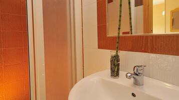 A bathroom with a glass shower enclosure, a white sink, and a mirror above the sink.