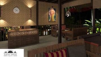 A lodge with a reception desk labeled 'DEMOSO LODGE', a clock, and a large portrait on the wall.