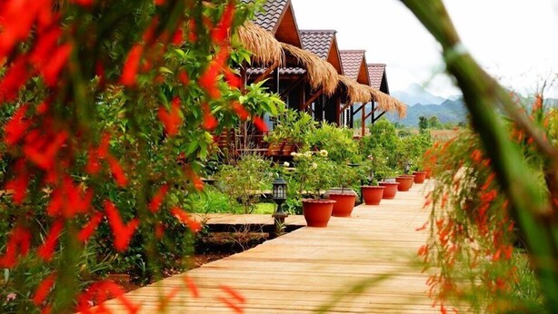 A wooden pathway leading to traditional-style buildings with thatched roofs, surrounded by lush greenery and potted plants.