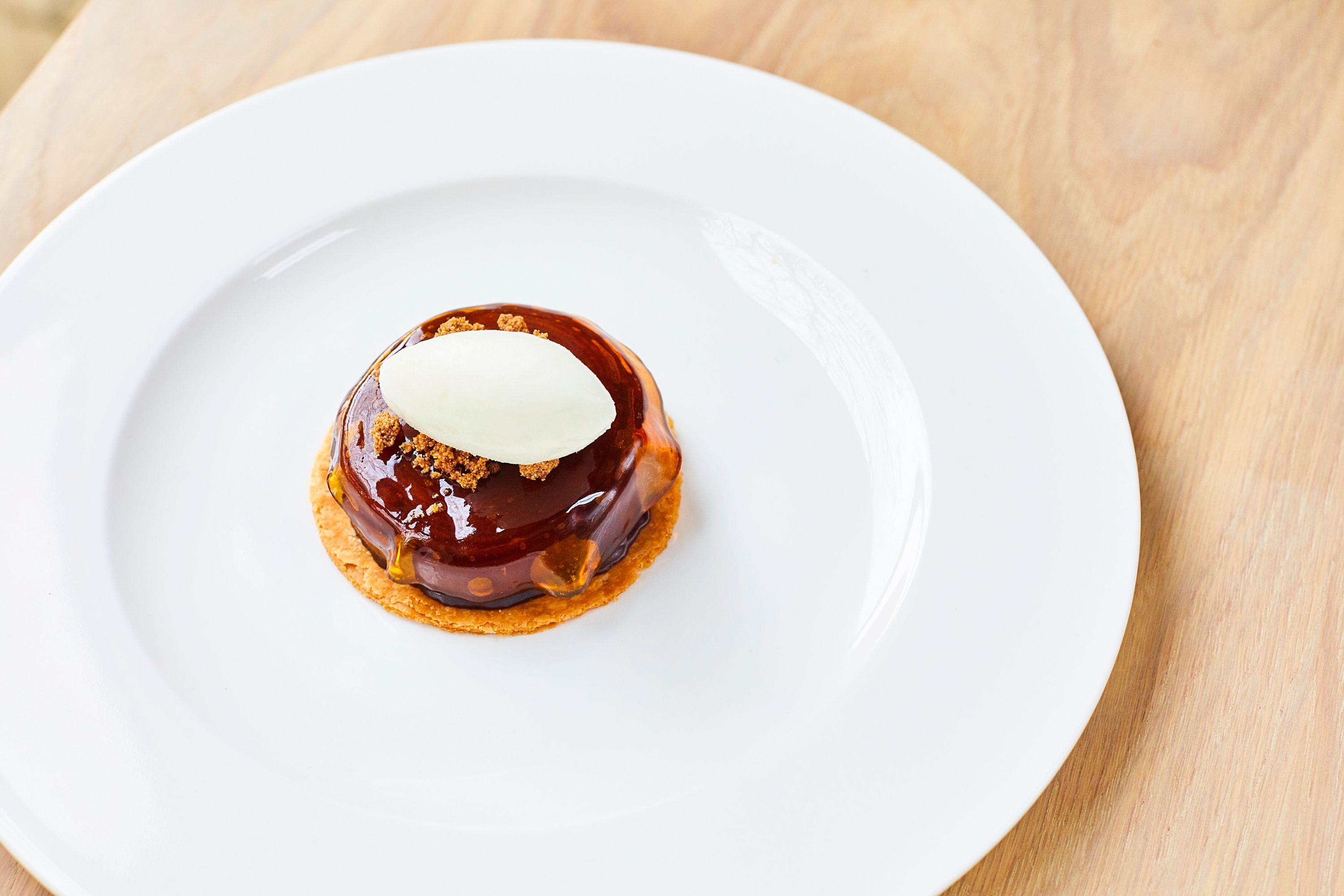 A dessert on a white plate.
