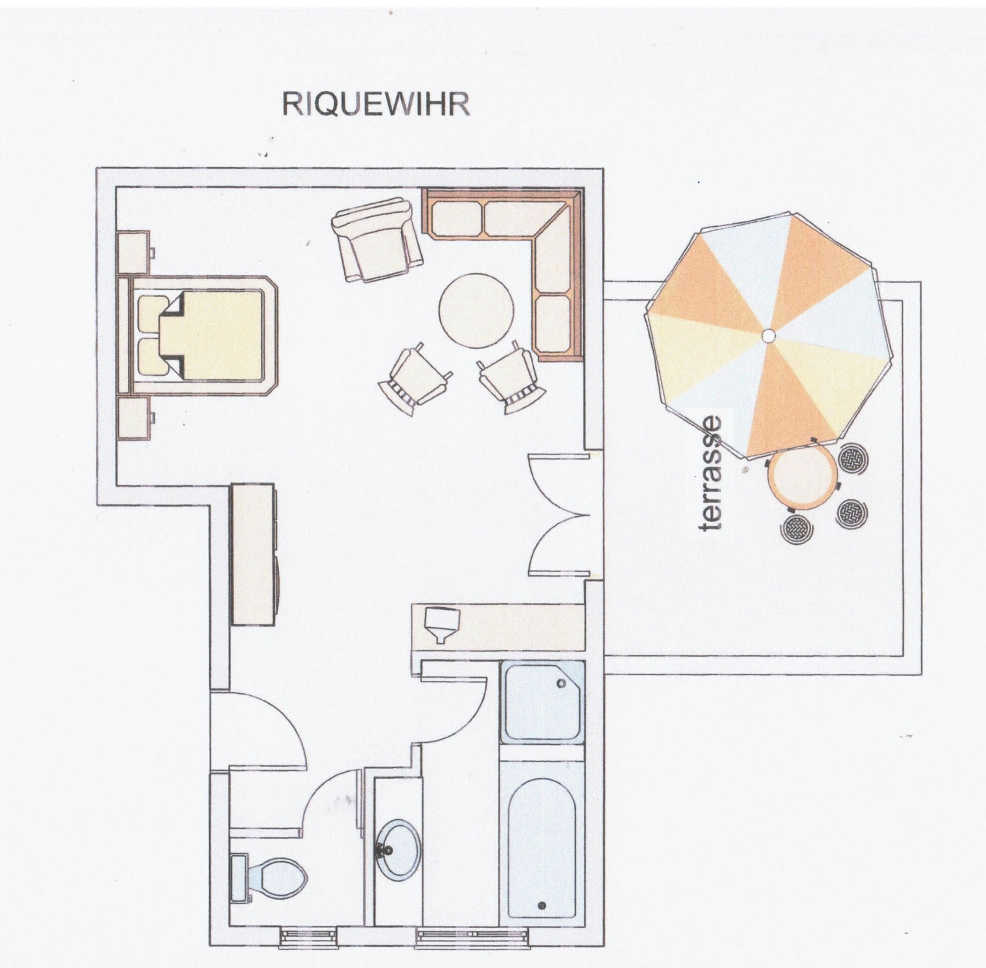 A floor plan of a hotel room with a terrace area.