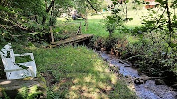Un puente de madera rústico sobre un arroyo, rodeado de abundante vegetación y una silla blanca.