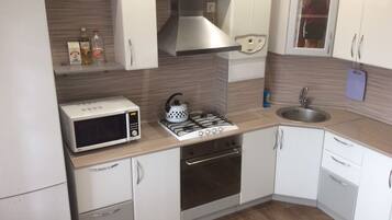 Apartment | Eigene Küche | Kühlschrank, Mikrowelle, Herdplatte, Wasserkocher mit Kaffee-/Teezubehör