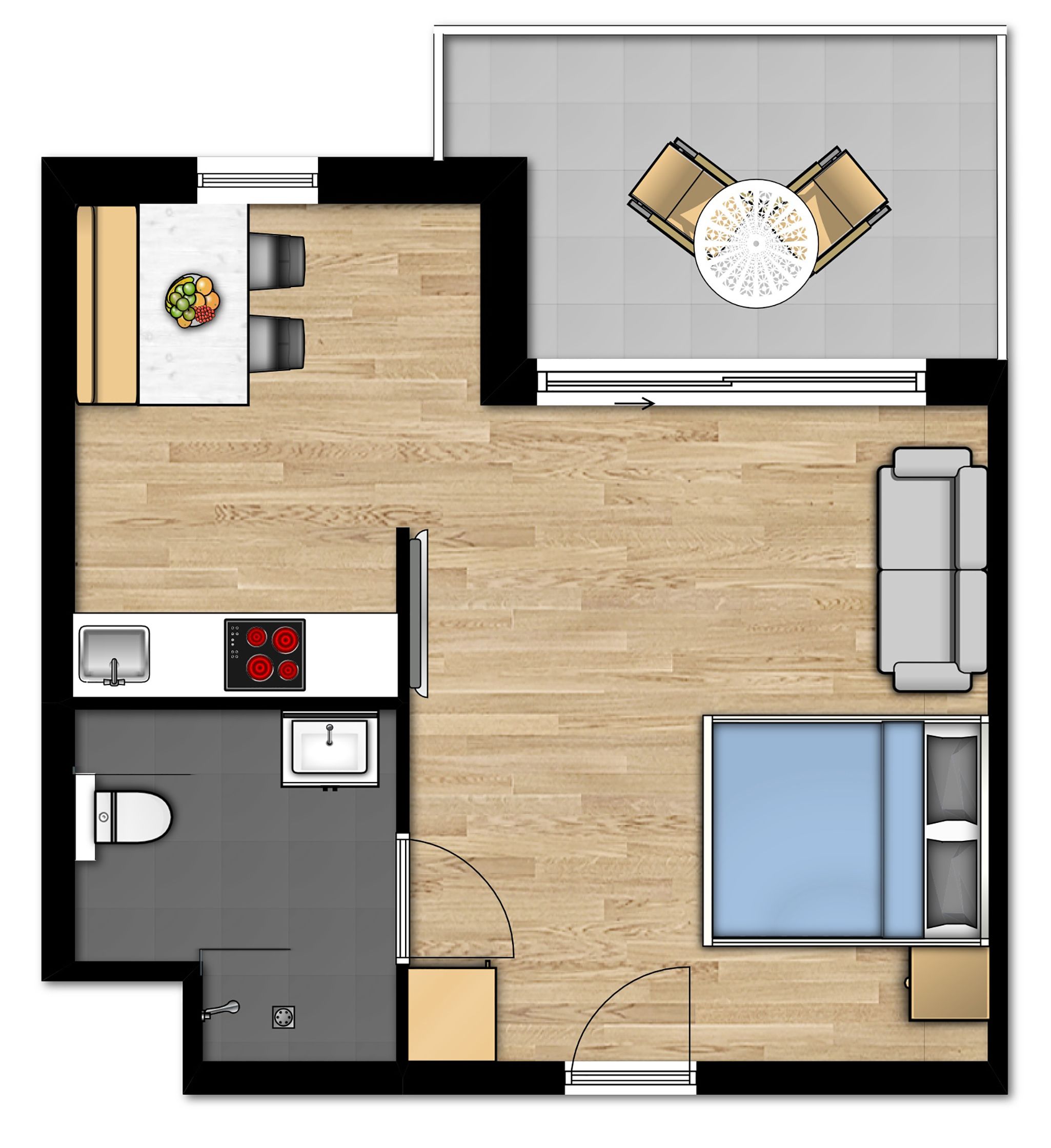 Grundriss einer 2-Zimmer-Wohnung mit Küche, Essbereich und kleinem Balkon.