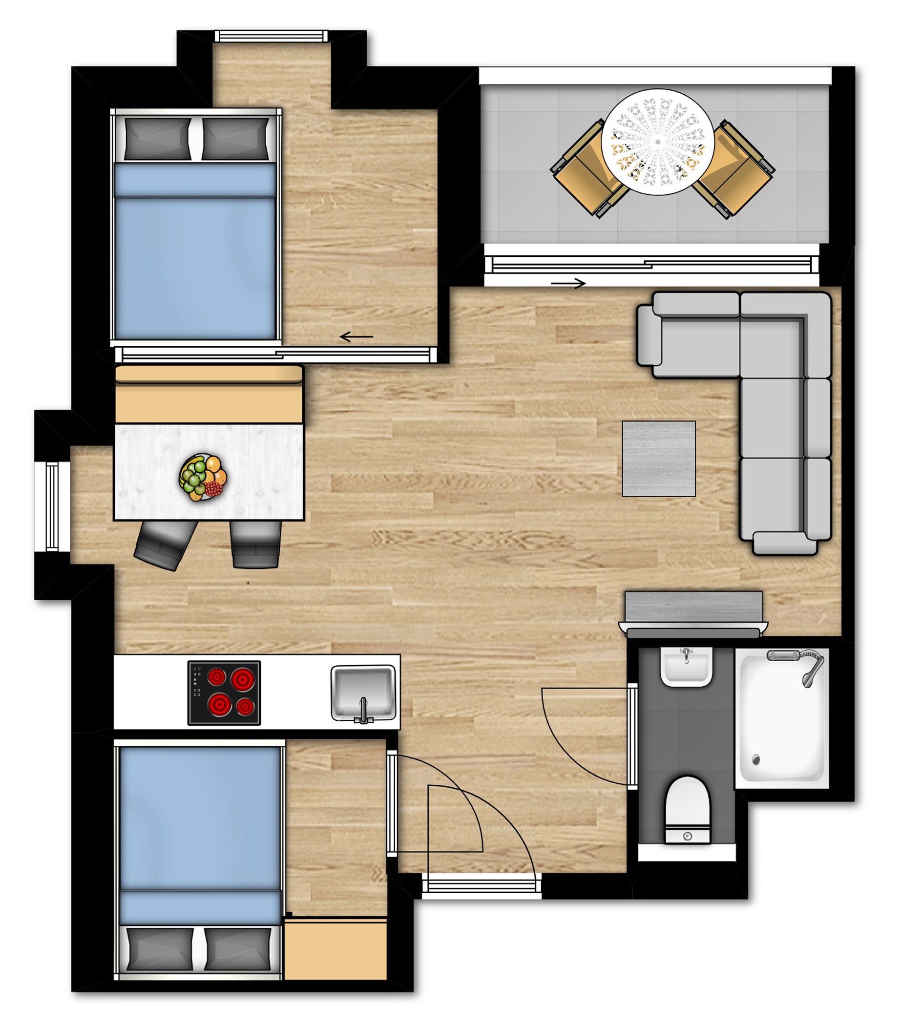 Planta baixa de um quarto de hotel com cama, escrivaninha, cadeira, sofá, pequena cozinha e banheiro.