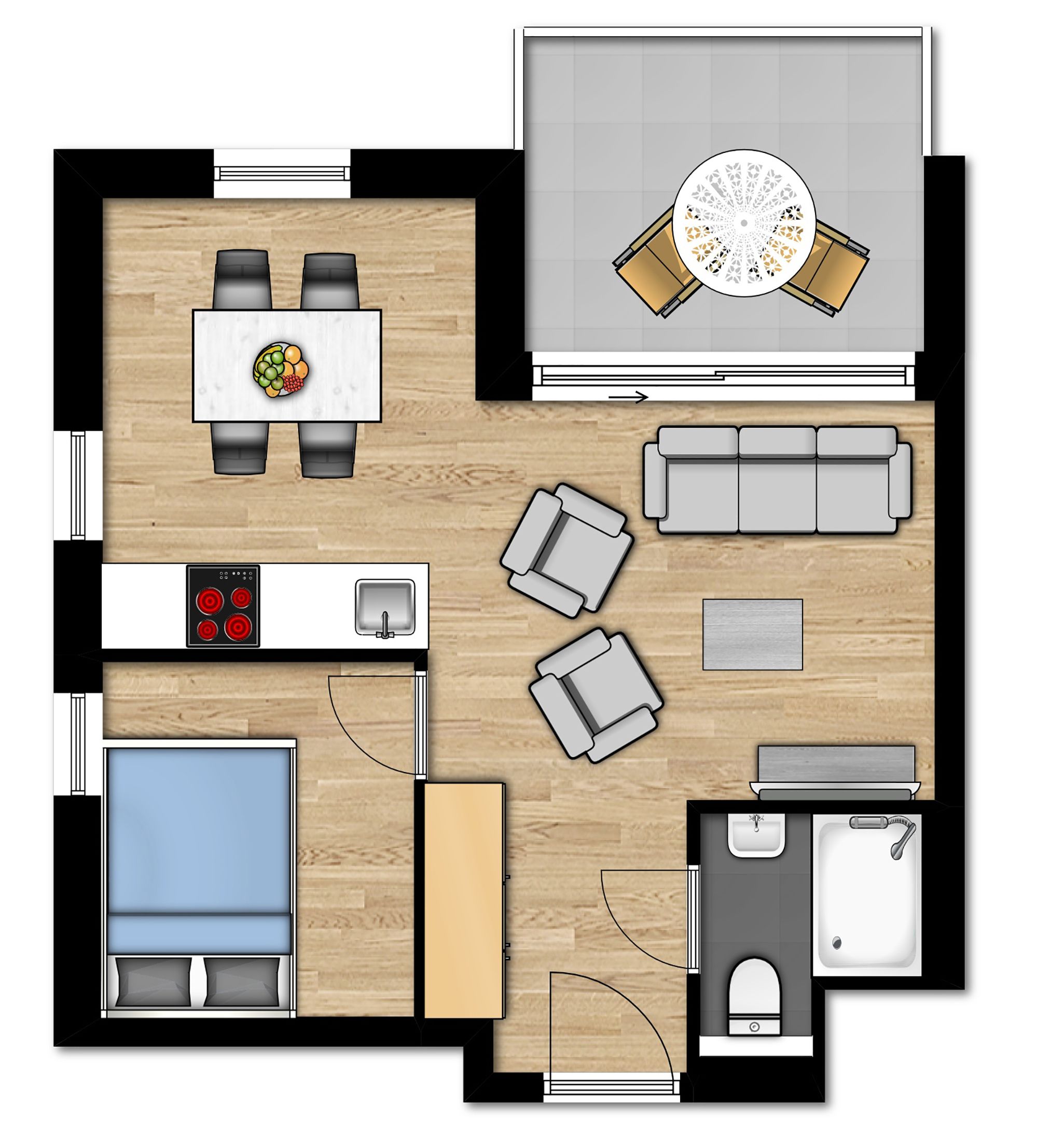 A floor plan of a hotel room with a bed, a sitting area with a sofa and a table, a kitchenette, a bathroom, and a balcony.