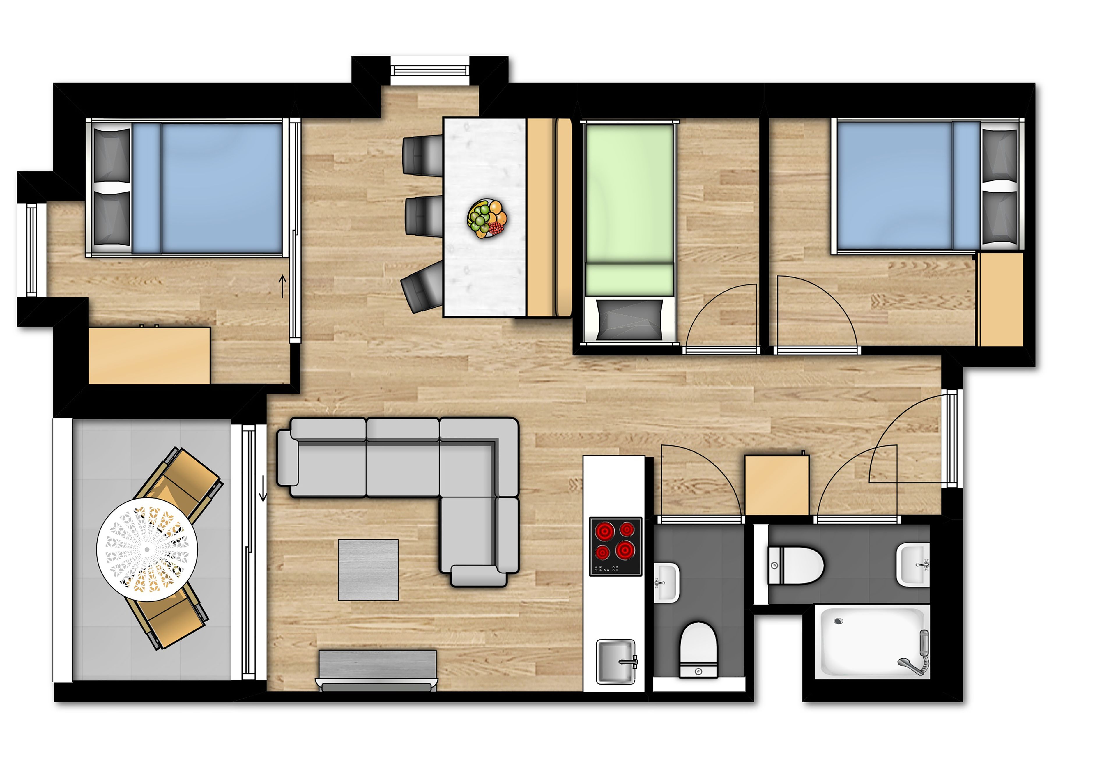 Een plattegrond van een hotelkamer met een bed, een zithoek met een tafel en stoelen, een kitchenette, een badkamer en een klein balkon.