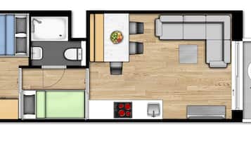 A floor plan of a hotel room with a bathroom, kitchenette, dining area, and a small living space.