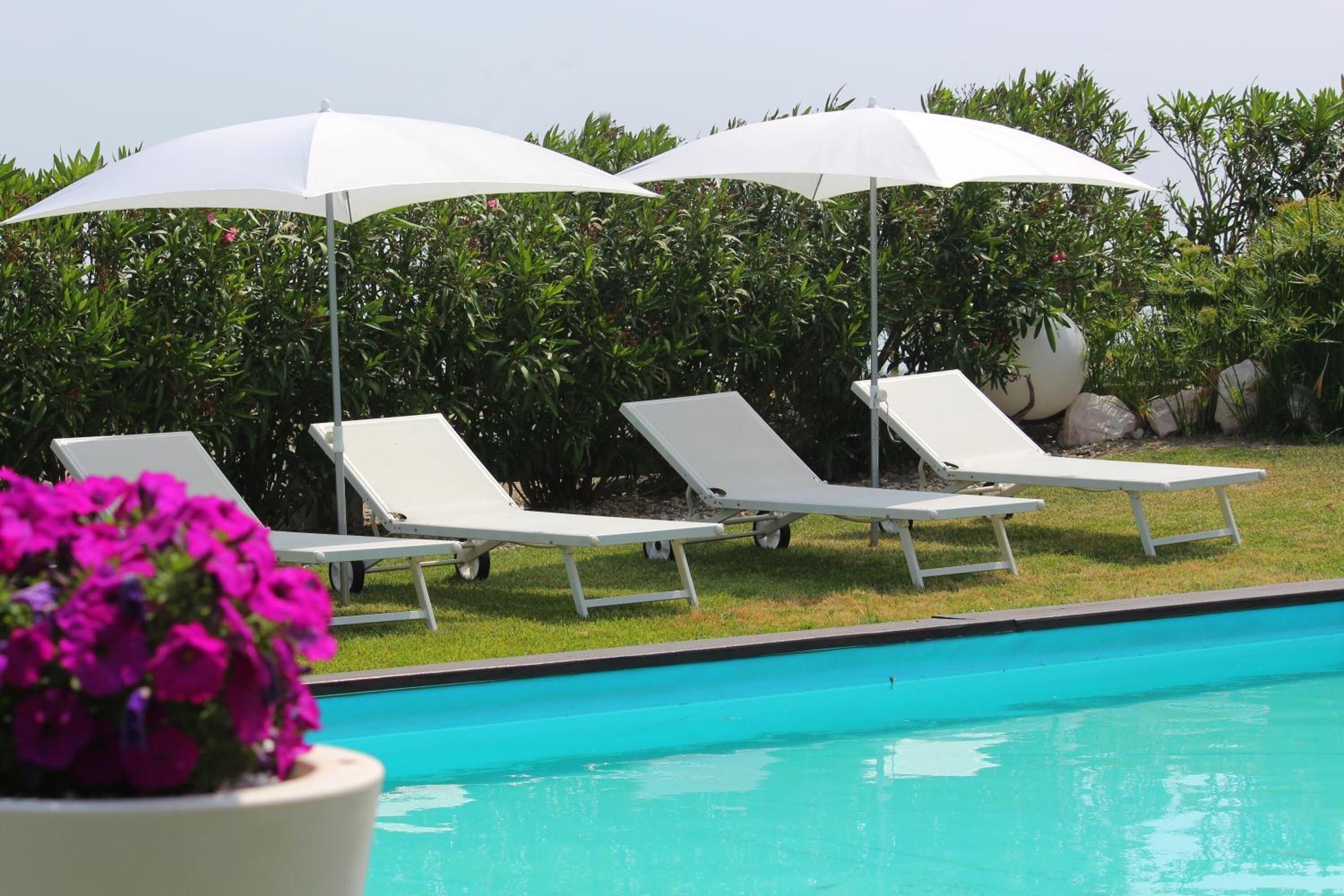 Un espace aménagé au bord de la piscine, avec des chaises longues blanches et des parasols, le tout entouré de verdure.