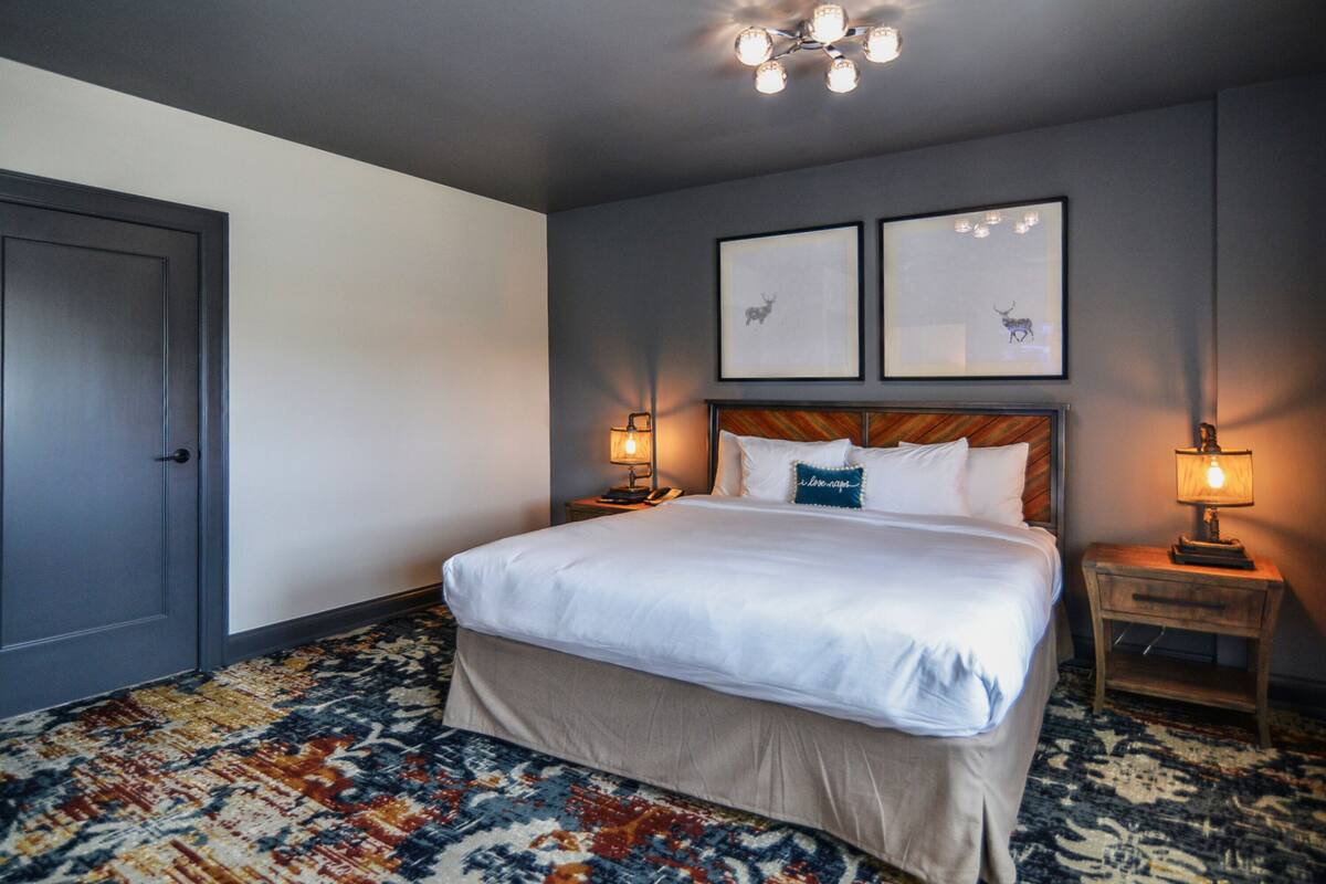 Habitación de hotel con una cama grande, dos mesitas de noche, una alfombra estampada y una lámpara en el techo.