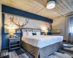 Premium bedding, desk, laptop workspace, blackout drapes