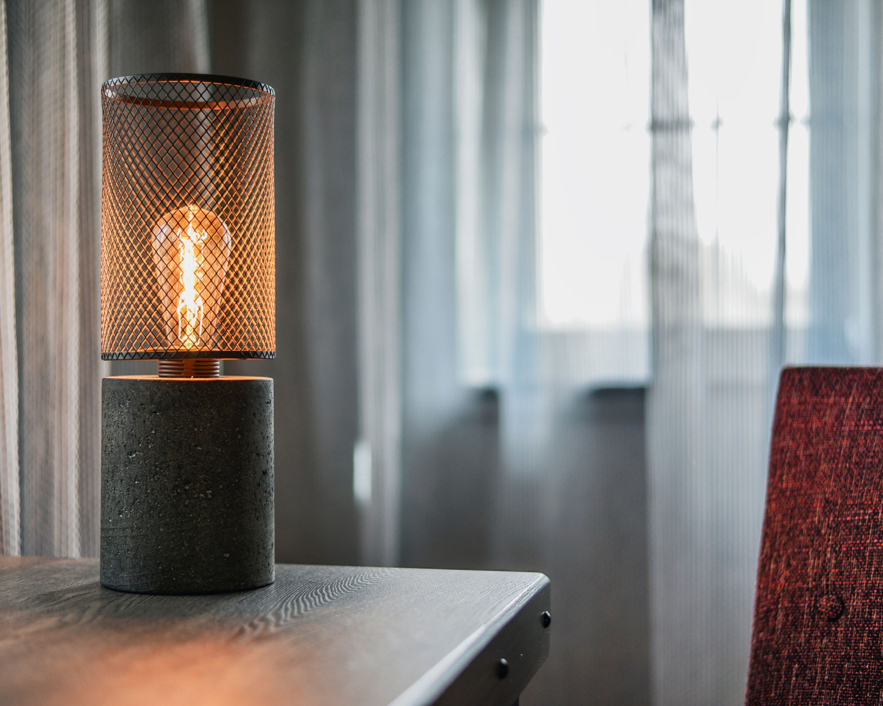 premium bedding, desk, laptop workspace, blackout curtains