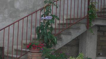 A staircase with red railings, a brick wall, and potted plants with flowers.
