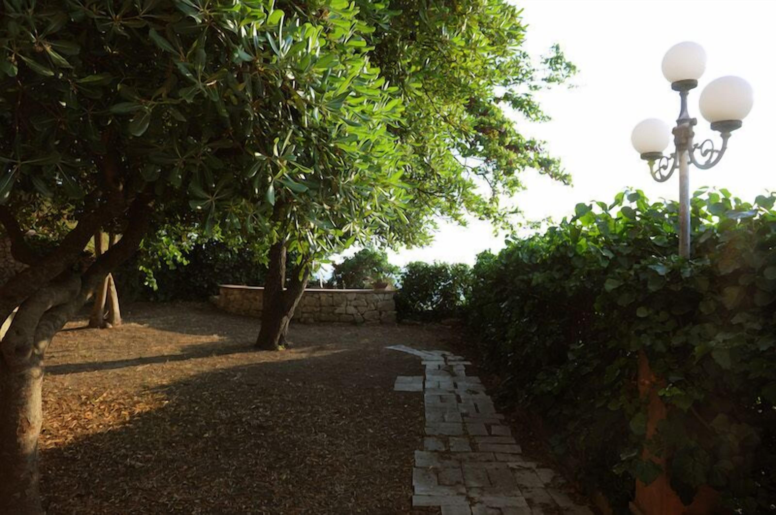 A pathway lined with trees and a stone wall, leading to a stone bench.