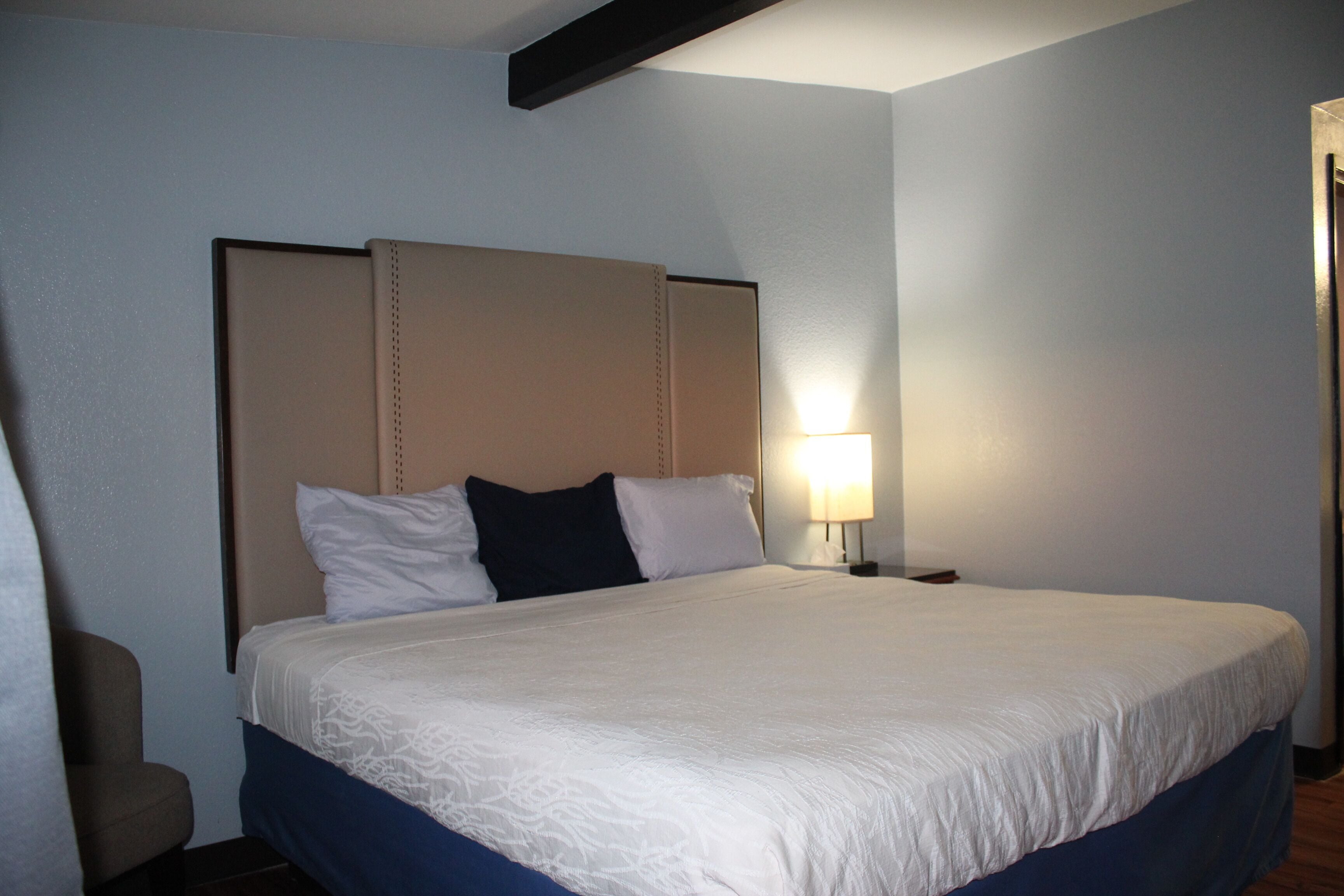 A hotel room with a large bed, a nightstand, a lamp, and a chair.