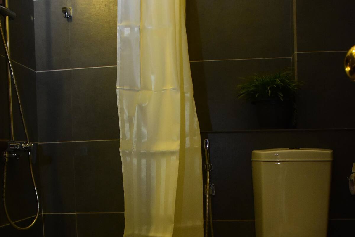 Un baño con ducha, inodoro y una planta en maceta.