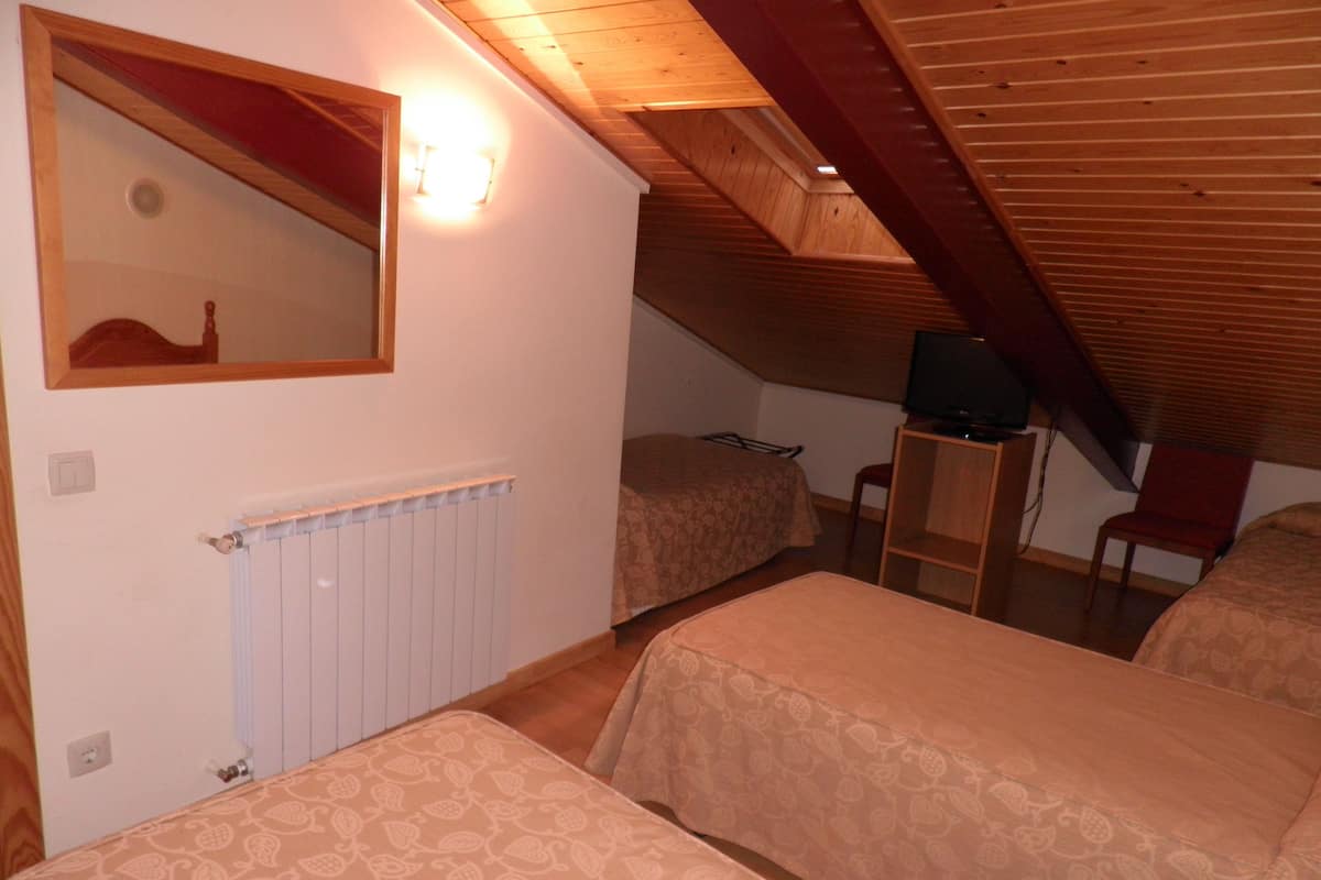 Un dormitorio con dos camas, un espejo, un radiador, un televisor y techo de madera.