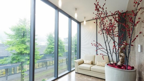 A modern living room with large windows, a sofa, and a decorative plant. -  Jožef (Idrija)