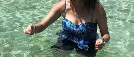 A person in a blue swimsuit holding a sea turtle in clear shallow water.