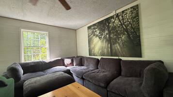 Smart TV, fireplace, books, stereo