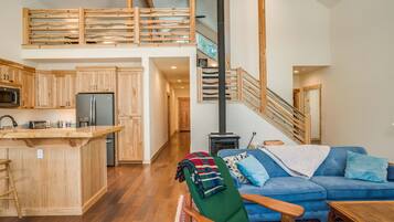 Smart TV, fireplace, books, video library