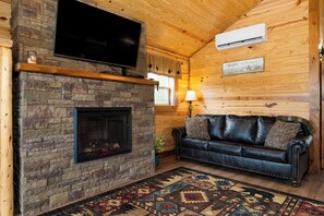 LCD TV, fireplace, DVD player