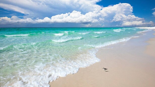 Een strand met helder turquoise water en een zandstrand.