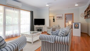 Smart TV, fireplace, video library