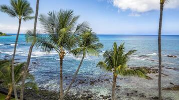 On the beach, sun-loungers, beach towels