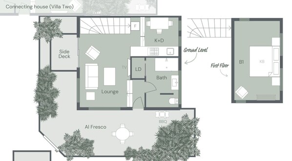 A floor plan of a villa with a lounge, balcony, and BBQ area.