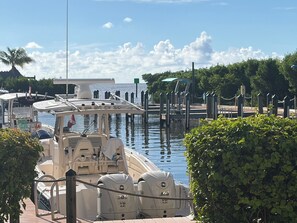 Een jachthaven met aangemeerde boten, een looppad langs de kade en weelderige begroeiing.