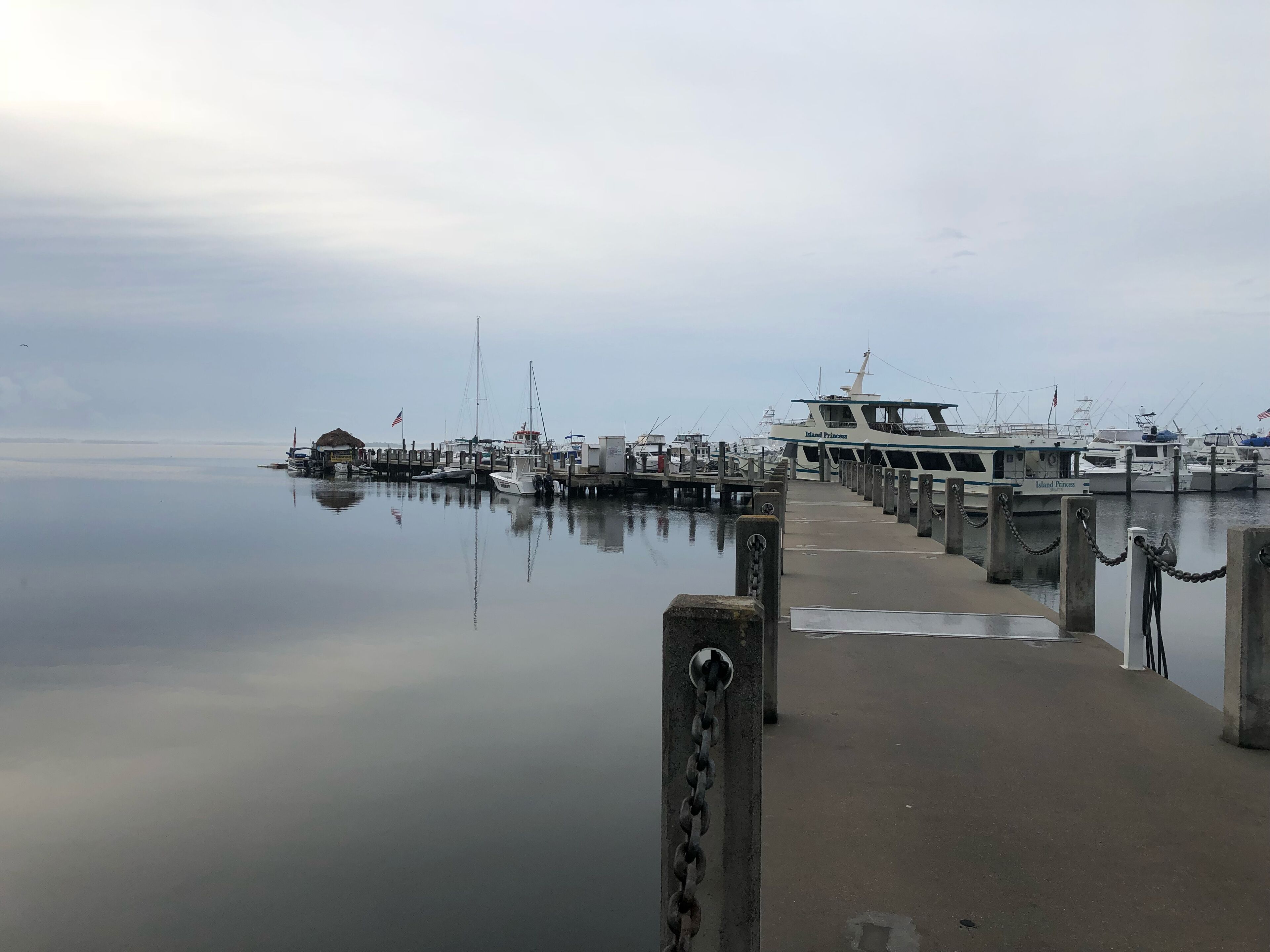 Un port de plaisance avec des bateaux amarrés à des quais en bois, un ciel dégagé et une eau calme.