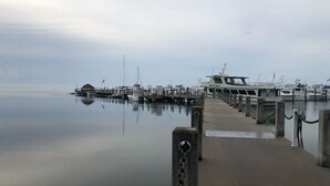 Een jachthaven met boten afgemeerd aan houten steigers, een heldere lucht en rustig water.