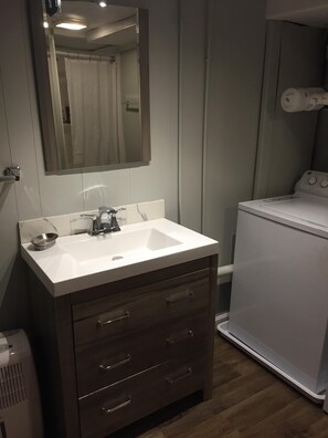 Combined shower/tub, hair dryer, soap, shampoo