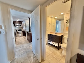 Shower, towels, soap, toilet paper
