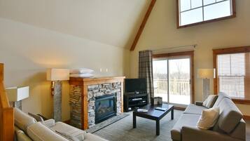 Flat-screen TV, fireplace, video-game console, DVD player