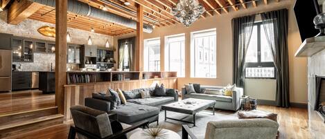 Smart TV, chimenea, reproductor de DVD y estéreo