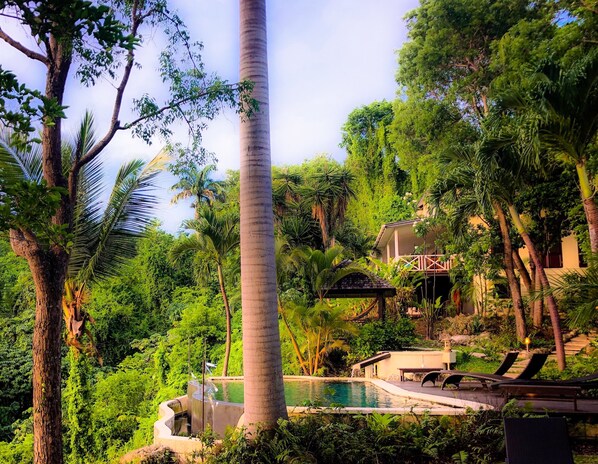 Piscine extérieure, piscine à débordement, chaises longues