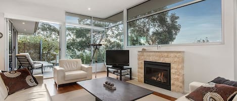 A modern living room with a fireplace, large windows, and a television.