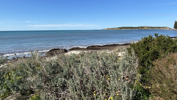 A coastal landscape with a clear view of the sea, sandy beach, and rocky outcrops. - Southern Escape - A Family Friendly Home 3 minute walk to  the Beach  (VICTOR HARBOR)