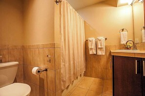 Combined shower/tub, jetted tub, hair dryer, towels