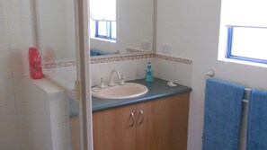 Ducha, secador de pelo, toallas, jabón