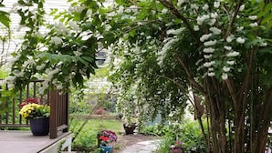 Une terrasse en bois avec des marches menant à un jardin agrémenté de diverses plantes en pot et d’un sentier.