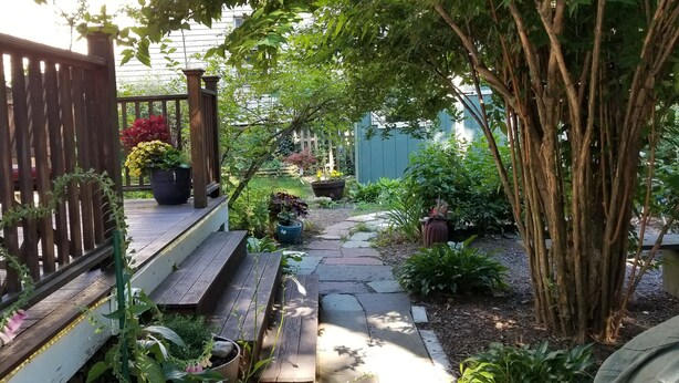 Une terrasse en bois avec un chemin de pierre menant à un jardin où l’on trouve diverses plantes, et une clôture bleue en arrière-plan.