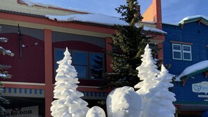 En snöskulptur med en byggnad i bakgrunden.