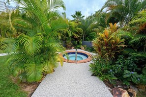 A garden with a pool, surrounded by various tropical plants.