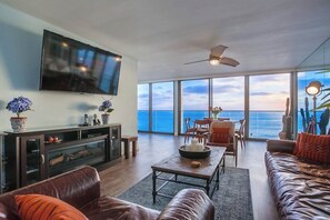 Smart TV, fireplace, DVD player