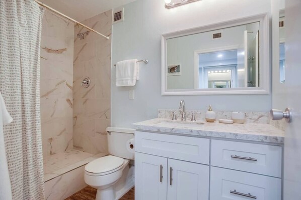 A bathroom with a shower, toilet, and vanity with a mirror.