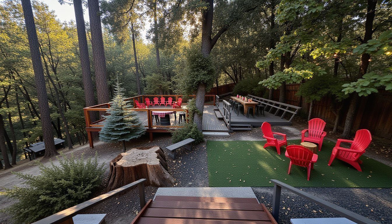 Une terrasse avec des chaises rouges et une table, entourée d’une forêt.