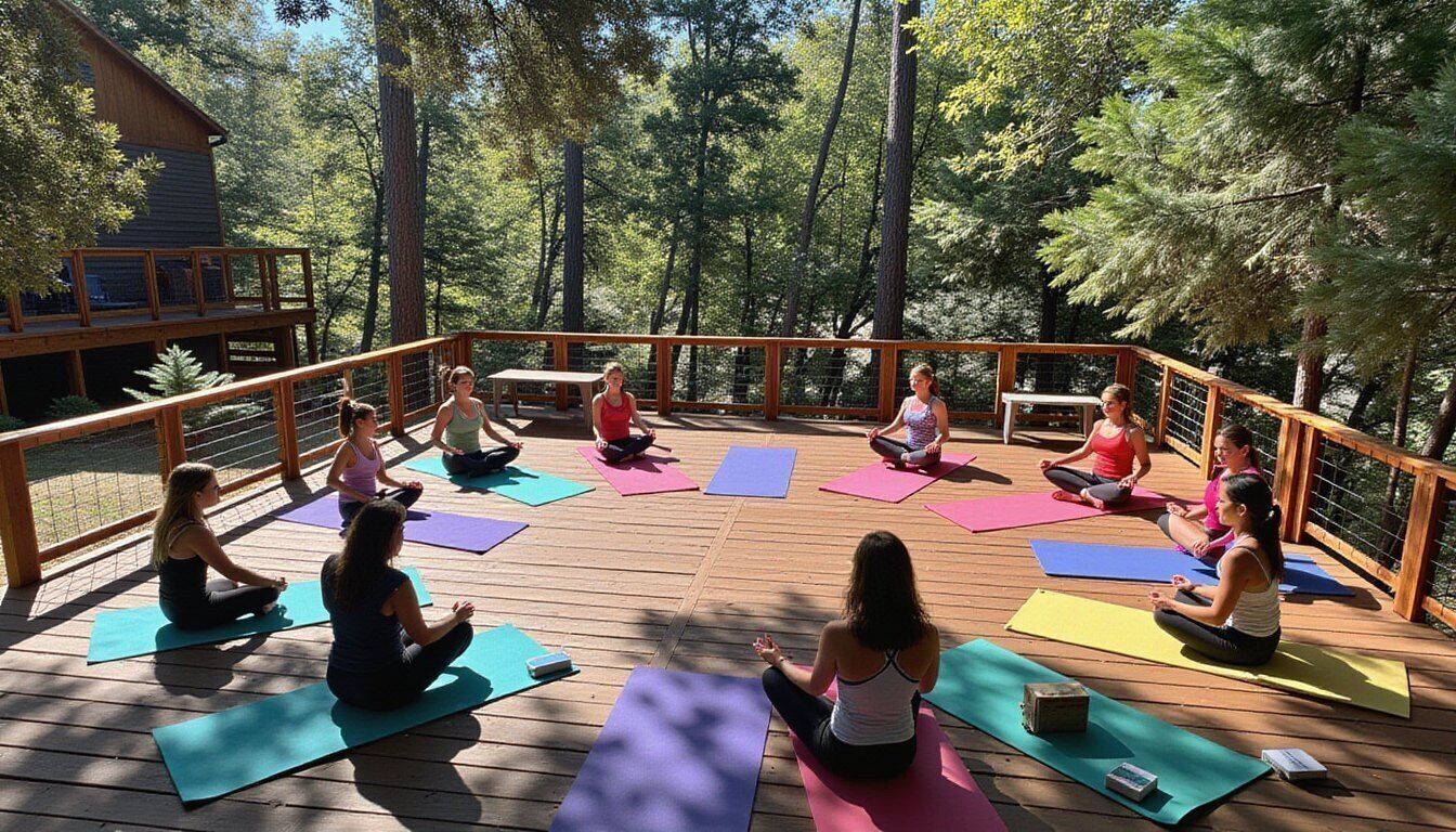 Un groupe de personnes assises sur des tapis de yoga, sur une terrasse en bois entourée d’arbres.